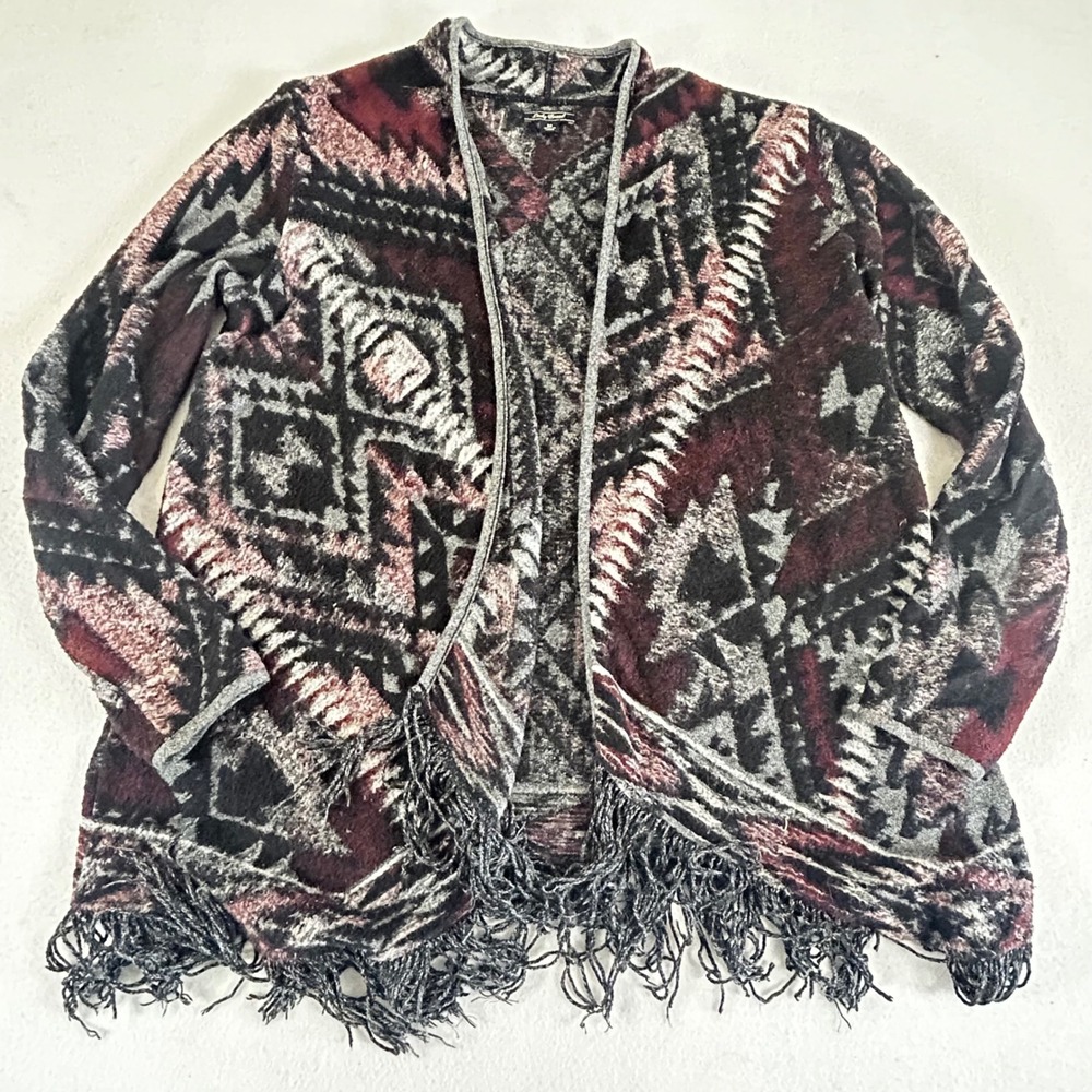 Lucky Brand Womens Southwestern Geometric Fringe Open Front Cardigan Burgundy M